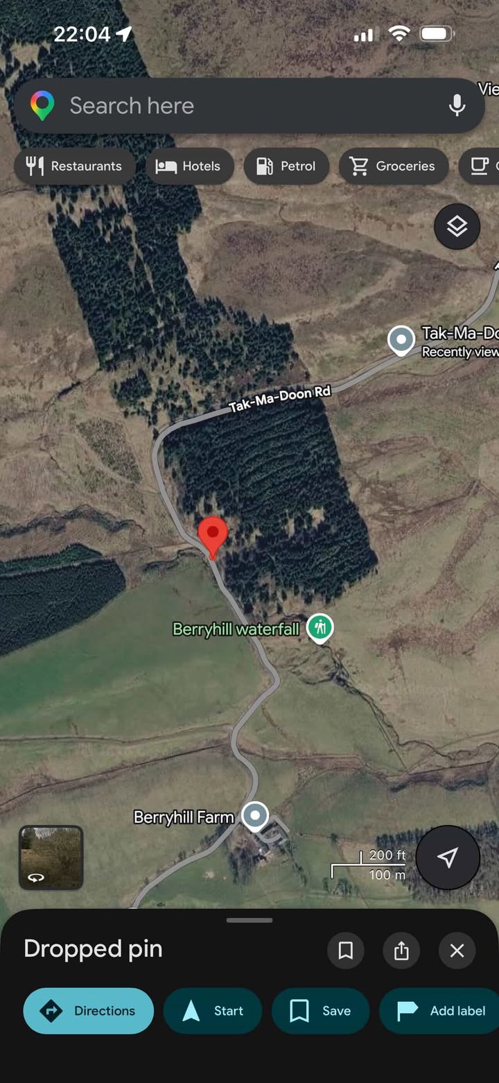 Map showing the approximate area where Wendeline was found, on the Tak-Ma-Doon Road between Carron Bridge and Kilsyth